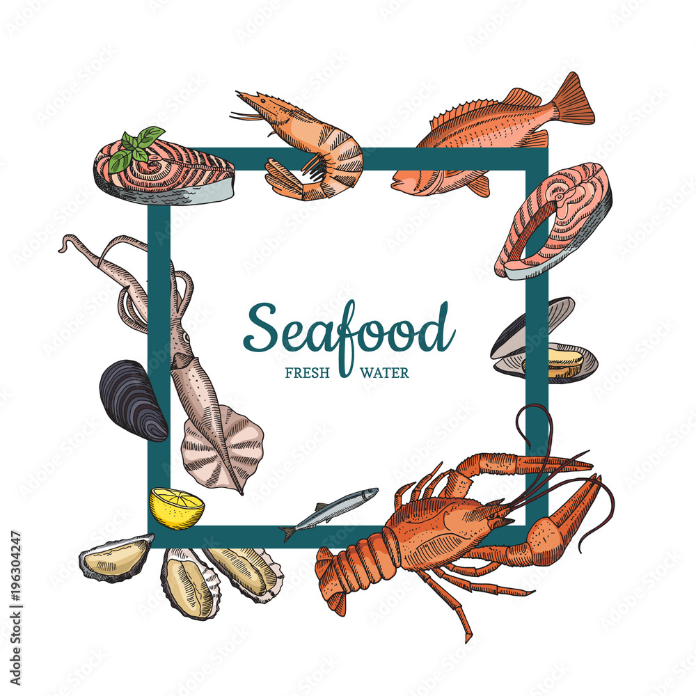 Vector hand drawn seafood elements flying