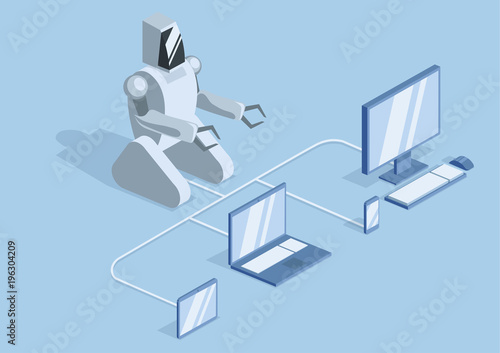 A robot connected by wires to a computer, laptop and mobile gadgets. Robotics, programming and robot training. Vector illustration, isolated on blue background.