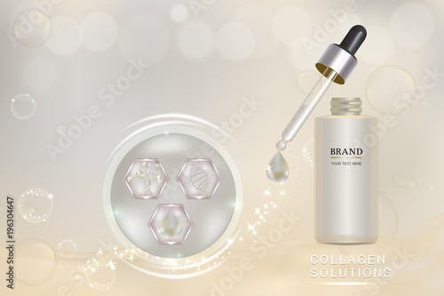 White cosmetic container with advertising background ready to use, collagen solution skin care ad, vector 3d illustration.