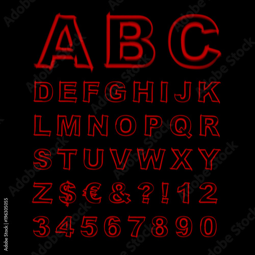 Blurred Neon Vector Font. Red Letters, Signs and Numerals on a Black Background
