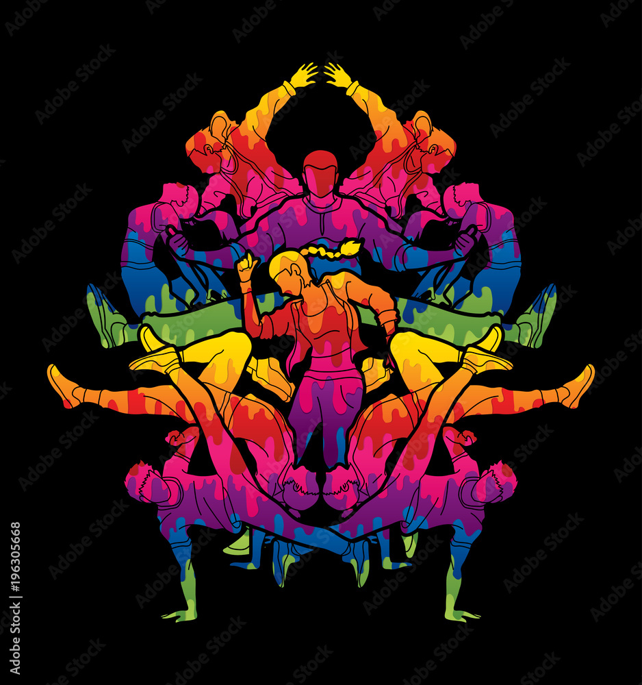 Fototapeta premium Group of people dancing, Dancer action, Street dance team, Hip hop or B boy dance graphic vector 