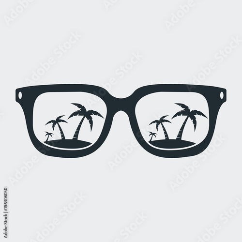 Icono plano gafas con playa en fondo gris