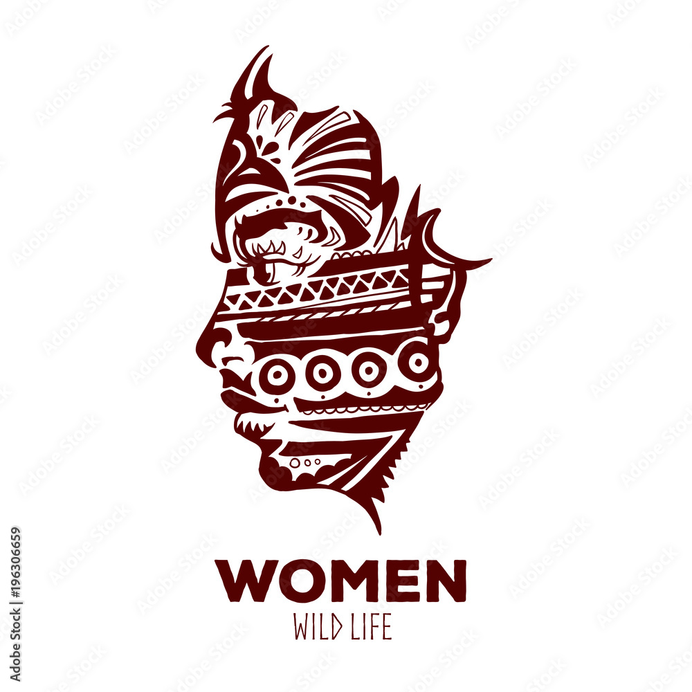 Vector Indian woman face. Ornament in red color.