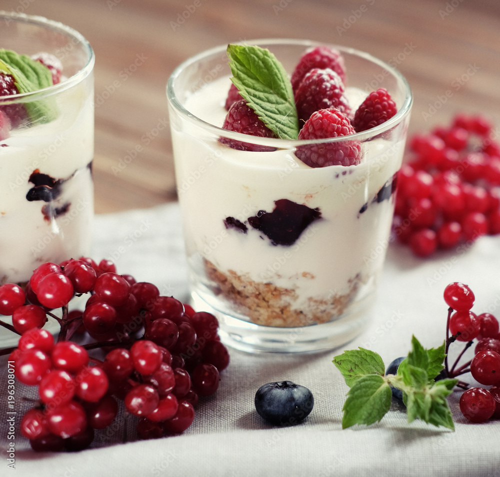 Natural yogurt with fresh berries and muesli. Healthy dessert.