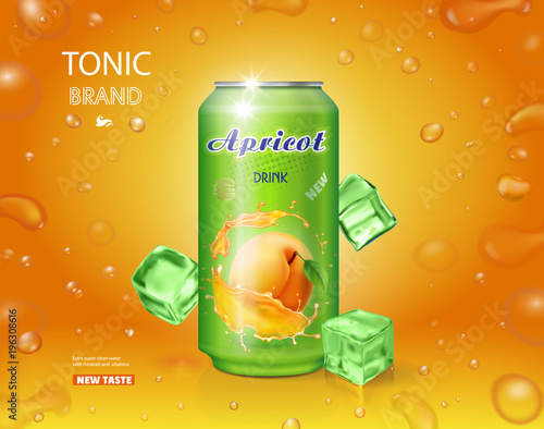 Apricot fruit drink in a can advertising poster design with bubbles