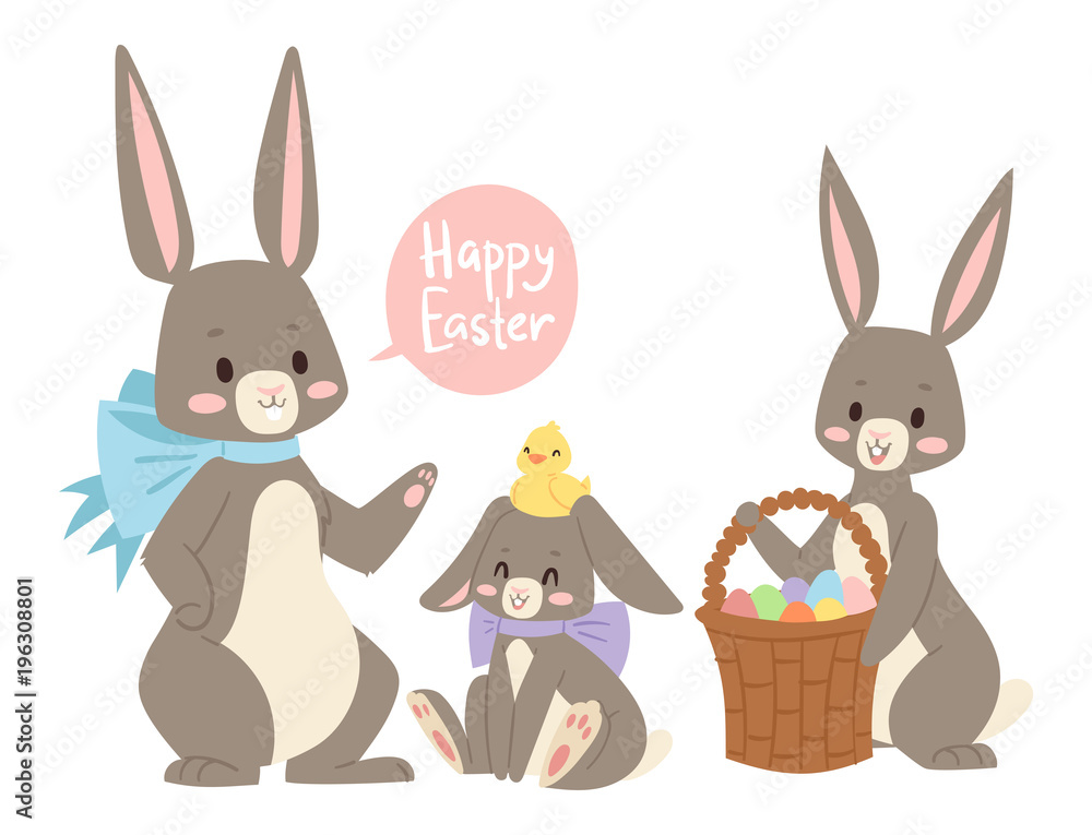 Obraz premium Easter rabbit vector holiday bunny rabbit and Easter eggs pose cute happy spring adorble rabbit animal illustration happy family celebration