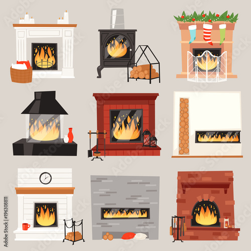 Fireplace vector warm fire place in interior of home on Christmas in winter to heat house illustration set of burning firewood on xmas isolated on white background