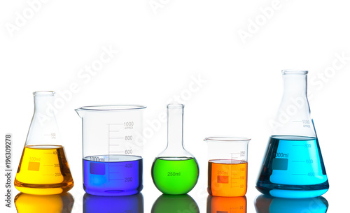 Laboratory glassware set with color liquid and reflection. Isolated on white background