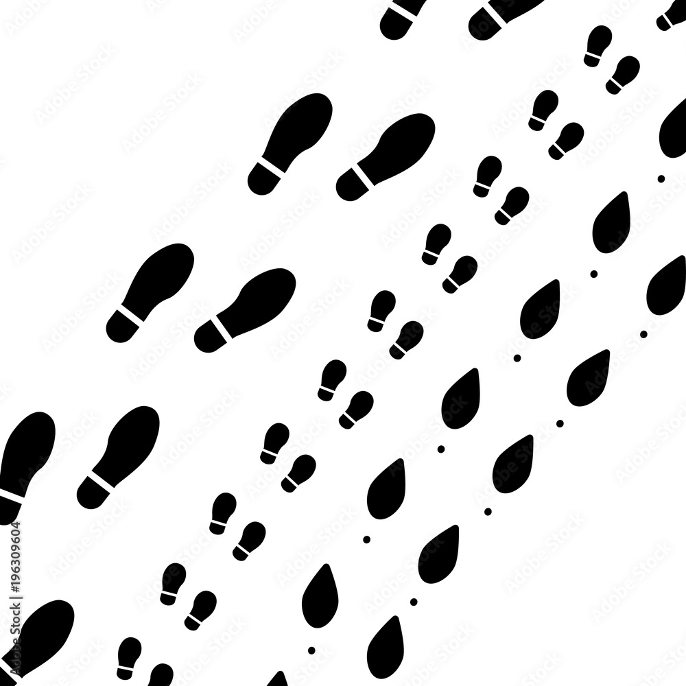 Family traces silhouette. Man, woman and child foot trail Family traces silhouette. Man, woman and child foot trail