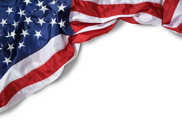 Closeup ruffled American flag isolated on white background