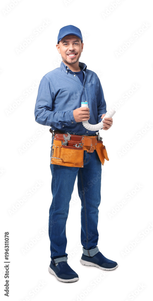Plumber with tool belt and plastic pipe on white background Plumber with tool belt and plastic pipe on white background