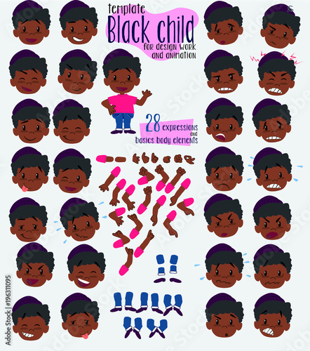 Black boy. Twenty eight expressions and basics body elements, template for design work and animation. Vector illustration to Isolated and funny cartoon character.