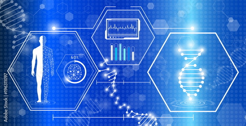 abstract background technology concept in blue light,brain and human body heal ,technology modern medical science in future and global international medical with tests analysis clone DNA human