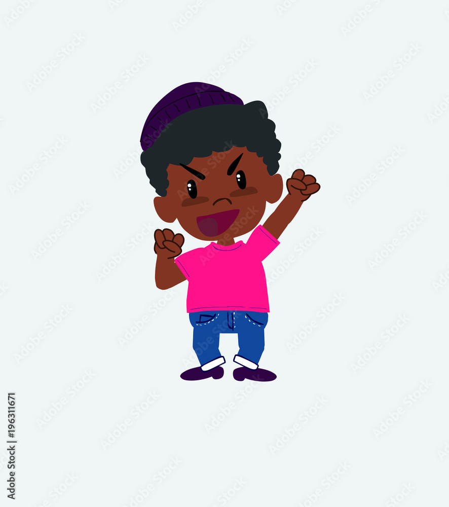 Fototapeta premium Black boy in a swimsuit cheering enthusiastically.