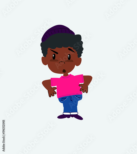 Black boy in a swimsuit with an expression of unpleasant surprise.