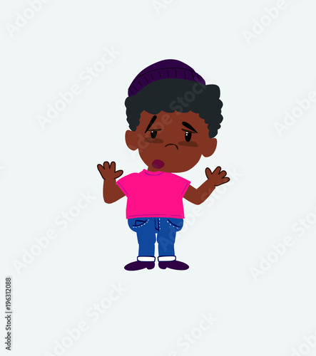 Black boy in a swimsuit makes a gesture of tired resignation.