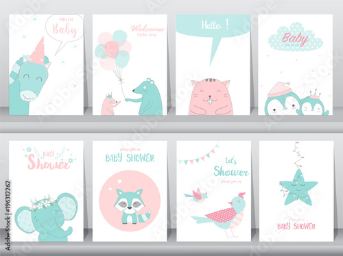 Set of baby shower invitations cards,birthday card,elephants,birds, poster, greeting, template, animals,zoo, Vector illustrations 