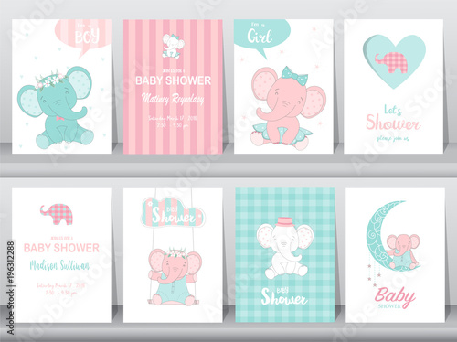 Set of baby shower invitations cards,birthday card,elephants, poster, greeting, template, animals, Vector illustrations 