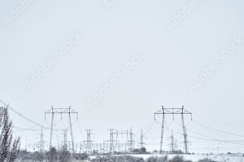 High power lines during winter, Sofia, Bulgaria.
