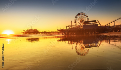 Santa Monica beach and pier in California USA at sunset