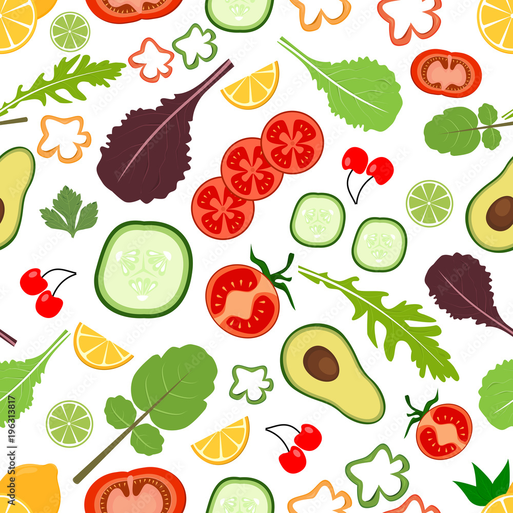 Seamless background pattern of organic farm fresh fruits and vegetables. Flat style design on transparent background. Seamless background pattern of organic farm fresh fruits and vegetables. Flat style design on transparent background.