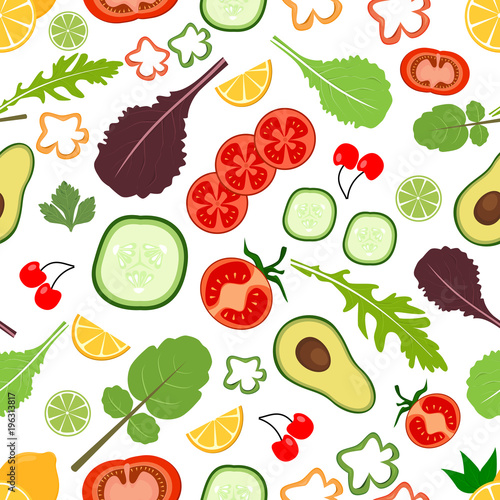 Seamless background pattern of organic farm fresh fruits and vegetables. Flat style design on transparent background.