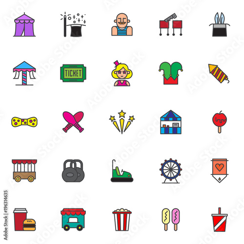 Circus filled outline icons set, line vector symbol collection, linear colorful pictogram pack. Signs, logo illustration, Set includes icons as magic wand and magic hat, strongman , juggling skittles