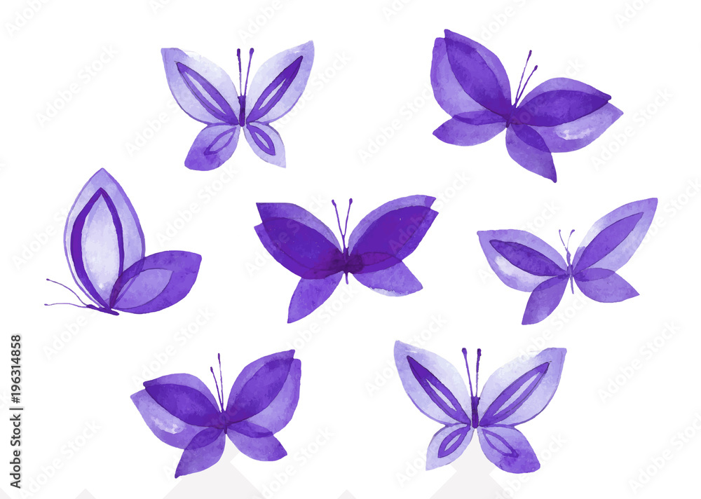 Set of illustrations of watercolor butterflies.