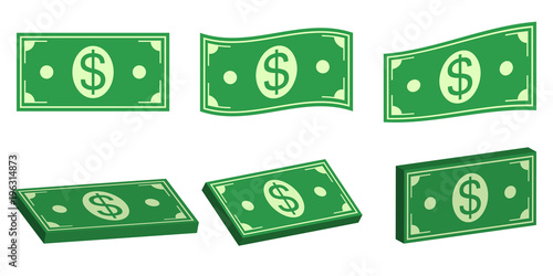 Set icons money dollar, flat and 3D bundle of cash. Vector symbol money for payment of pay, flat and isometric, bundle of cash dollar