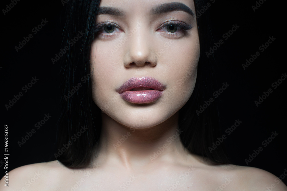 close-up portrait. Perfect fresh young skin. Long eyelashes, beautiful lips close-up portrait. Perfect fresh young skin. Long eyelashes, beautiful lips