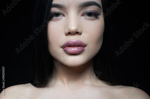 close-up portrait. Perfect fresh young skin. Long eyelashes  beautiful lips