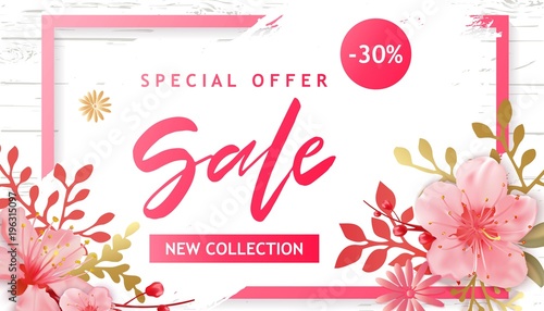 Spring Sale Vector Illustration. Banner With Cherry Blossoms.