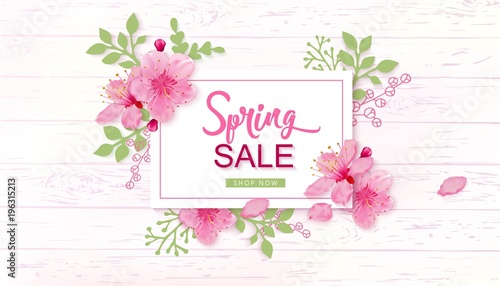 Spring Sale Vector Illustration. Banner With Cherry Blossoms.