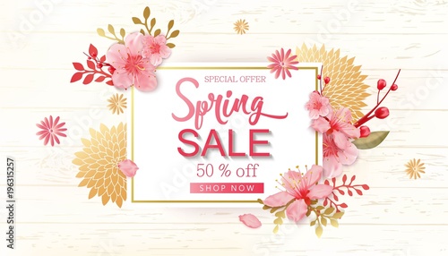 Spring Sale Vector Illustration. Banner With Cherry Blossoms.