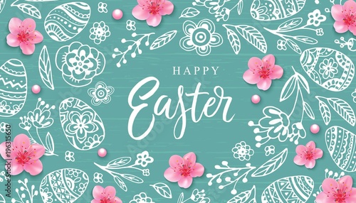 Happy Easter banner with hand drawn flowers, egg on wood background.