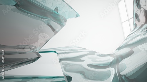 Abstract white and colored gradient glasses interior with window. 3D illustration and rendering.