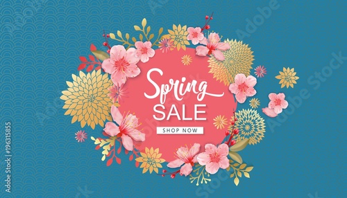 Spring Sale Vector Illustration. Banner With Cherry Blossoms.