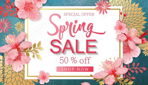 Spring Sale Vector Illustration. Banner With Cherry Blossoms.