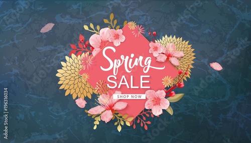Spring Sale Vector Illustration. Banner With Cherry Blossoms.