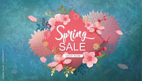 Spring Sale Vector Illustration. Banner With Cherry Blossoms.
