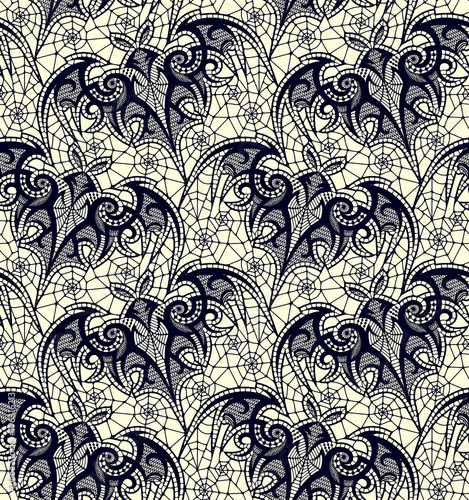 Bat. Seamless pattern. Black Lace  pattern. Yellow background.