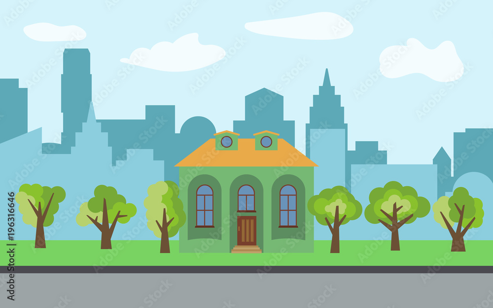 Vector city with cartoon house and green trees in the sunny day. Summer urban landscape. Street view with cityscape on a background
