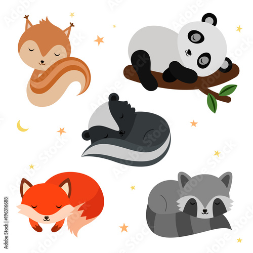 Adorable flat sleeping animals set.