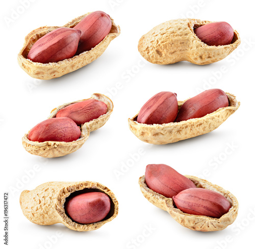 Peanuts. Nuts in shell and peeled isolated on white background. Collection. Full depth of field.