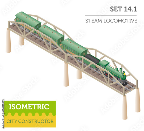 3d isometric retro railway with steam locomotive and carriages. Сity map constructor elements. Build your own infographic collection
