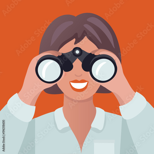 Woman holding binoculars. A woman in search. Vector illustration