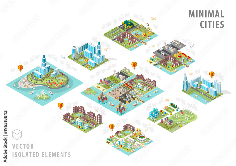 Set of Isolated Isometric Minimal City Maps . Elements with Shadows on White Background