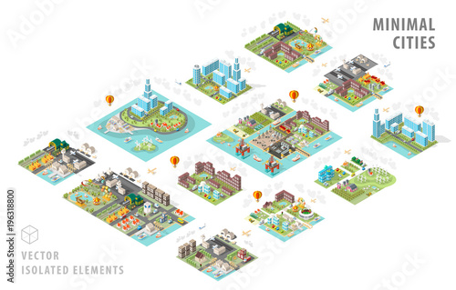 Set of Isolated Isometric Minimal City Maps . Elements with Shadows on White Background photo
