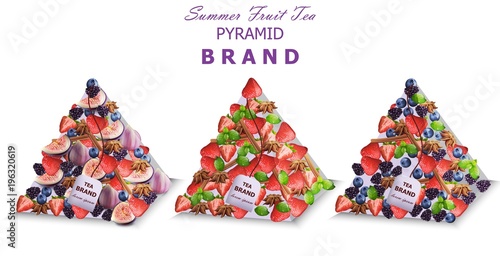 Summer fruits tea packs Vector. Pyramid design fresh fruits mixes