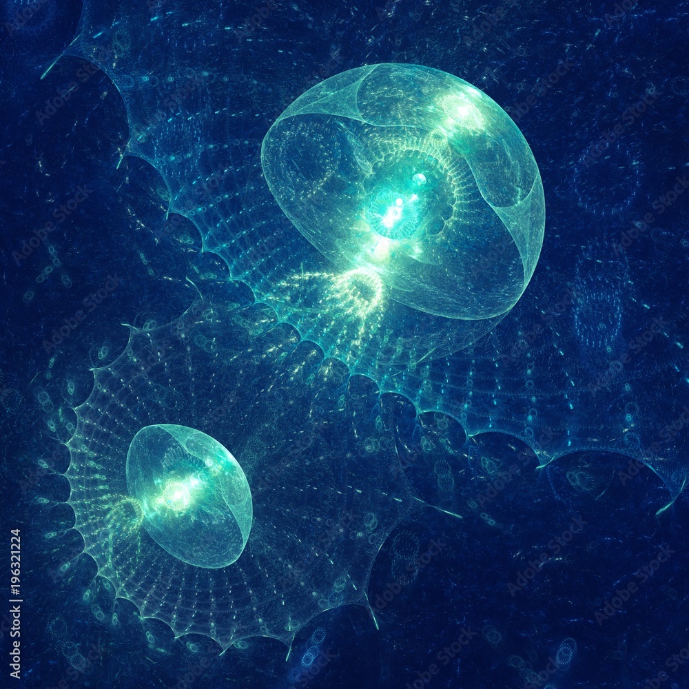Abstract fractal sea creatures rendered in blue tones